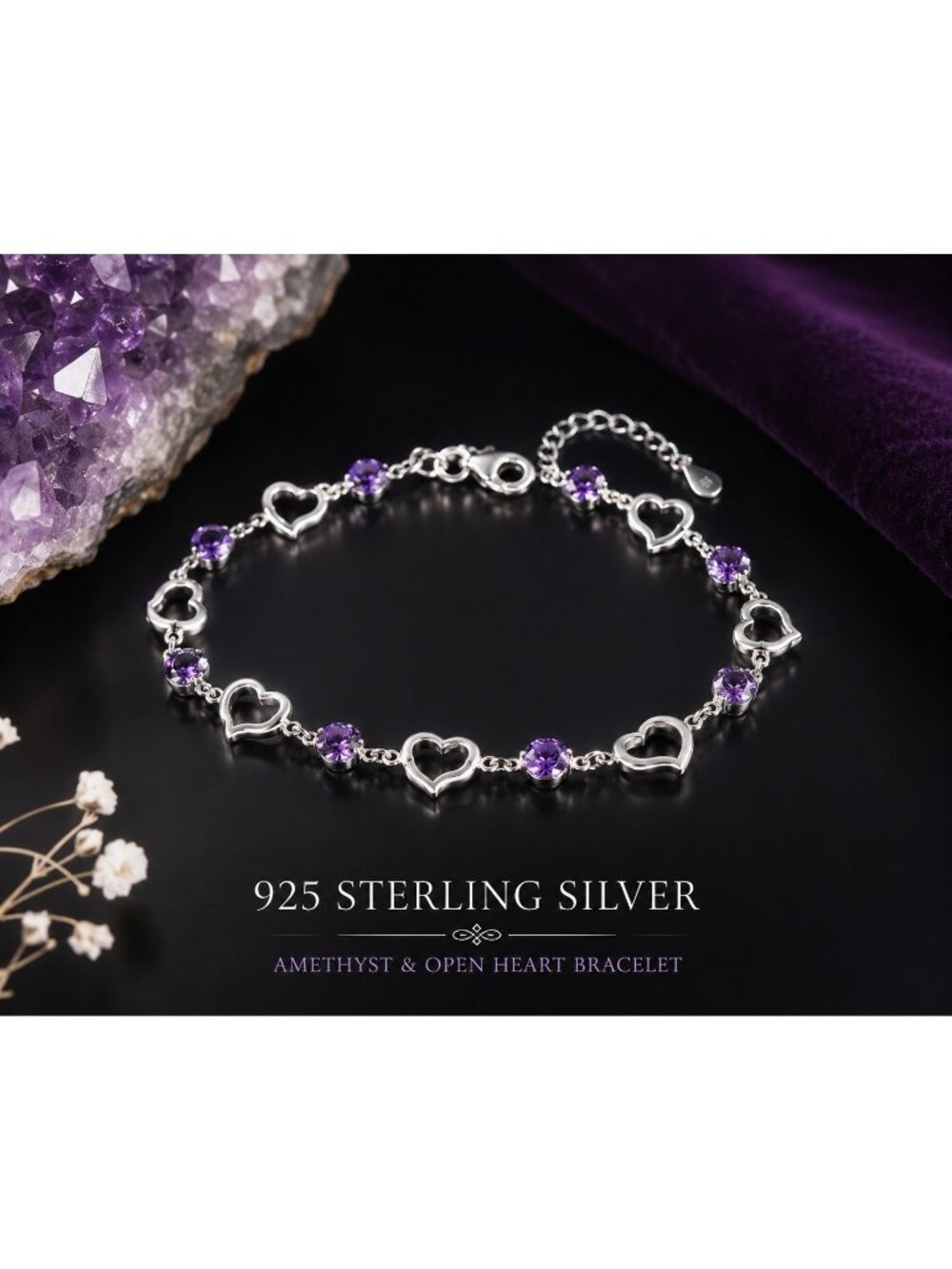 925 Sterling Silver Open Heart & Amethyst Tennis Bracelet 7.5” Purple Gemstones